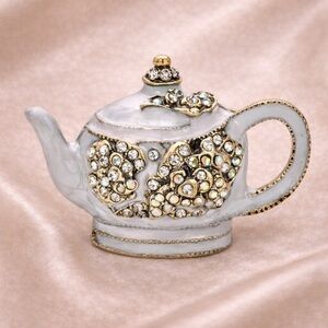 Vintage White Teapot Crystal Brooch